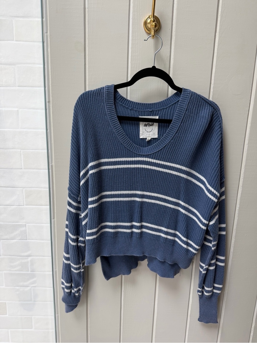 aerie Blue and White Striped Crewneck Sweater